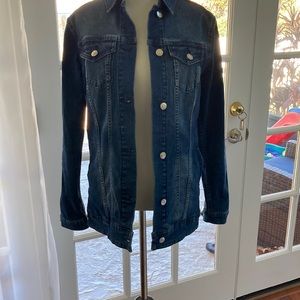 Lularoe Jean jacket with embroidery on back with roses Sz xs stretchy.